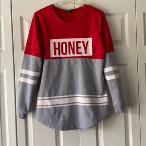 red white & gray long sleeve honey shirt